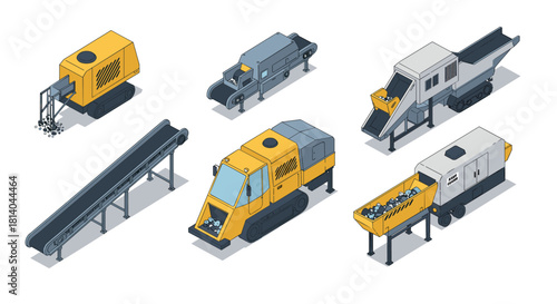 Isometric industrial machinery set featuring conveyor belts and transport vehicles