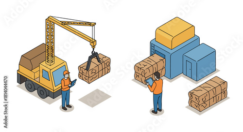 Isometric warehouse logistics loading and organizing freight with crane and worker