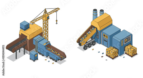 Isometric recycling plant with conveyor and crane in industrial setting