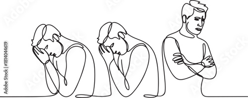 Continuous line drawings of man feeling sad, tired and worried about suffering from depression in mental health. problems. one line Icon drawing with white background