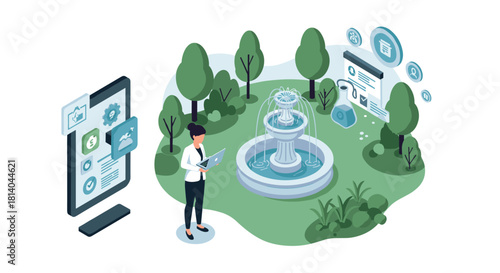 Business professional analyzing data with tablet in green park with fountain and digital screen