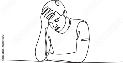 Continuous line drawings of man feeling sad, tired and worried about suffering from depression in mental health. problems. one line Icon drawing with white background