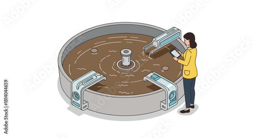 Woman monitoring advanced wastewater treatment process in circular facility