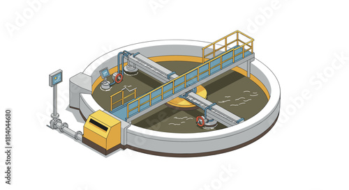 Isometric wastewater treatment facility with clarifier and control systems