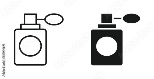 Perfume bottle icon set in outline and silhouette style, representing fragrance, beauty, and cosmetics, vector illustration.