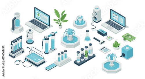 Isometric lab equipment with laptops and botanicals in bluetoned design