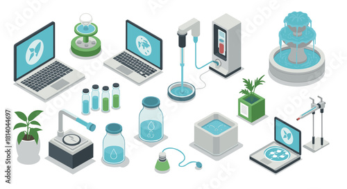 Isometric modern lab equipment with laptops and greenery for scientific innovation