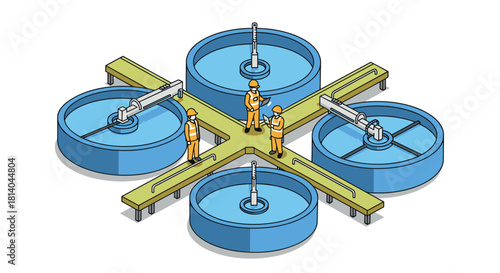 Isometric water treatment plant with workers in safety gear