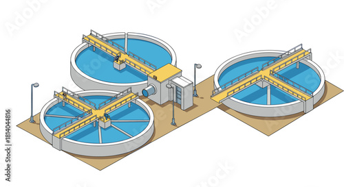 Isometric water treatment plant design with circular tanks and walkways