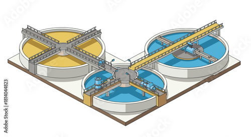 Isometric industrial water treatment plant with circular tanks and walkways