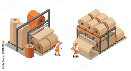 Isometric warehouse with workers and large industrial paper rolls