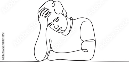 Continuous line drawings of man feeling sad, tired and worried about suffering from depression in mental health. problems. one line Icon drawing with white background