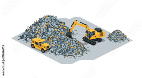 Isometric construction vehicles with excavator and truck on debris pile