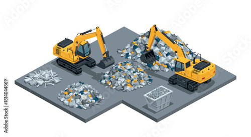 Construction site isometric design with two excavators and debris piles on a concrete base