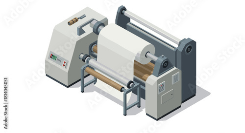 Industrial printing press machine in isometric design for modern production