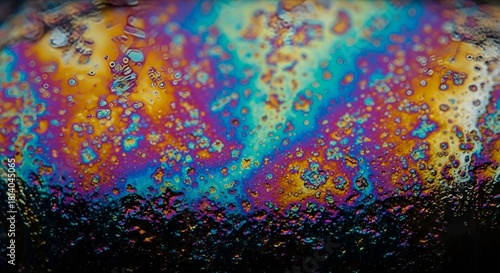 Vibrant macro shot of an oil film creating a stunning abstract background with multicolored rainbow iridescence and textured bubbles on a dark surface.