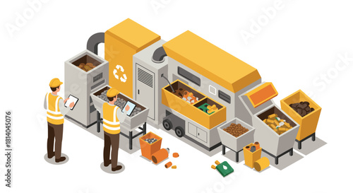 Isometric waste management facility with workers and recycling equipment