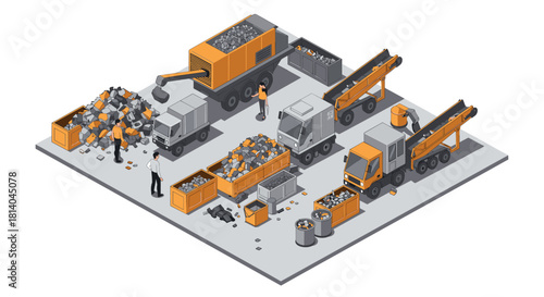 Isometric industrial waste management with machinery and workers in a recycling facility
