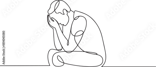 Continuous line drawings of man feeling sad, tired and worried about suffering from depression in mental health. problems. one line Icon drawing with white background