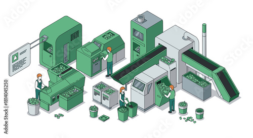 Efficient isometric recycling center with industrial machinery and workers in action