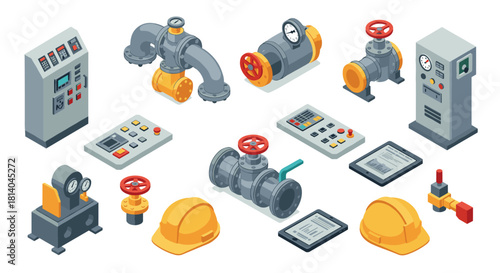 Industrial isometric equipment valves, control panels, and safety gear on white background
