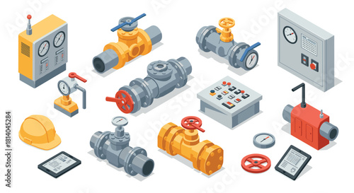 Industrial equipment isometric icons featuring valves and control panels
