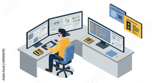 Modern isometric control room setup with multiple monitors and digital interfaces