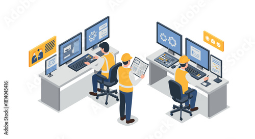 Isometric office workers managing technology with computers and monitors