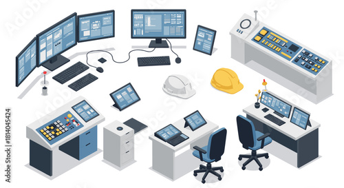 Modern control room equipment with isometric desks, monitors, and helmets
