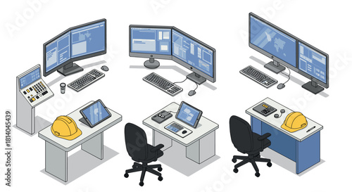 Isometric control room with multiple monitors and workstations