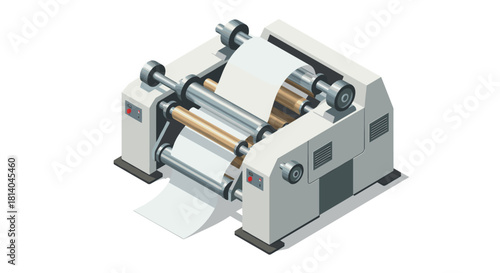 Isometric industrial printer machine with rolling paper in modern design