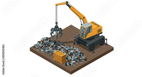 Isometric construction site with industrial crane sorting metal scraps on platform