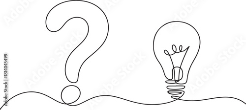 Continuous Line Drawing of Question Mark and Lightbulb Idea. continuous line drawing. one line Icon drawing with white background