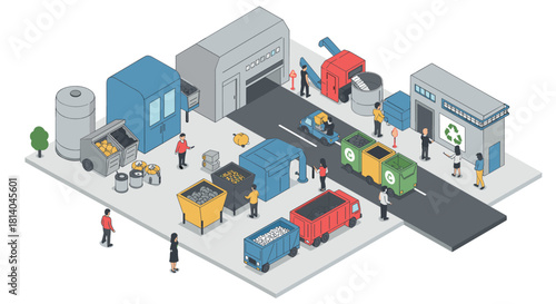 Isometric industrial recycling center with people and vehicles in action