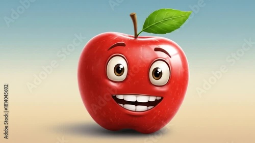 Animated happy red apple character with smiling and winking expressions on a vibrant background