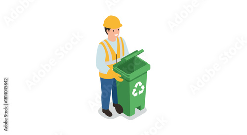 Worker in safety gear holding a recycling bin in isometric style
