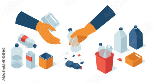 Isometric recycling concept with hands sorting plastic bottles and ewaste into bins