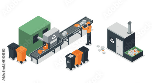 Isometric recycling process with conveyor belt and waste management station