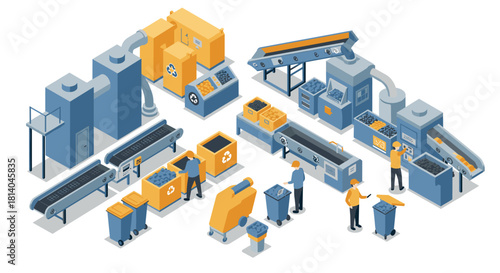 Waste management facility isometric design with recycling conveyor belt and workers