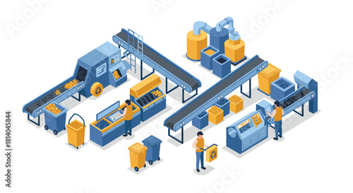 Isometric warehouse assembly line with workers and machinery in blue and yellow