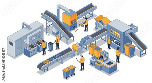 Isometric factory automation with workers and conveyor belts in industrial setting