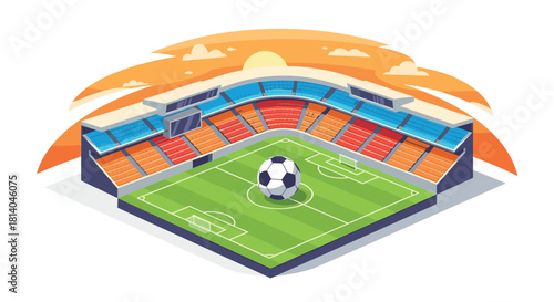 Isometric soccer stadium with sunset sky and large football on field