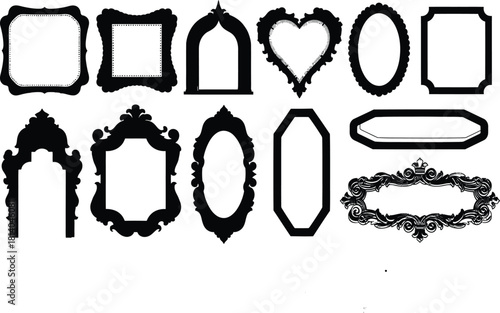 Collection of ornate vintage frames and borders in black silhouette in white background.