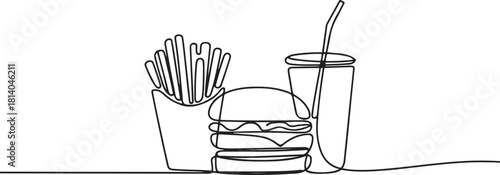Continuous Line Drawing of Fast Food Meal. line icon-continuous line drawing. one line Icon drawing with white background