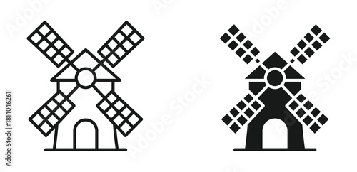 Windmill icon set in outline and silhouette style, representing renewable energy, wind power, and sustainability, vector illustration.