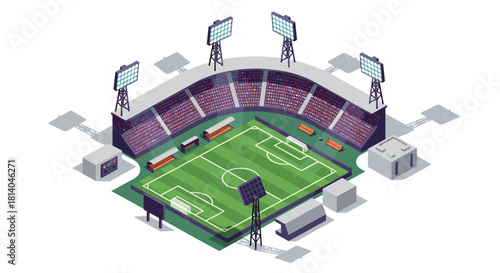 Isometric soccer stadium with seating and floodlights