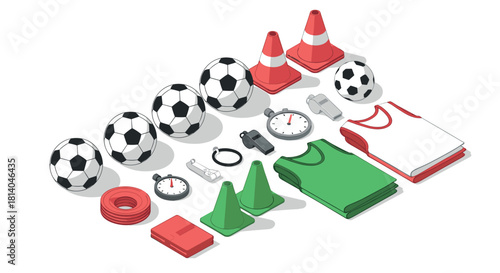 Isometric soccer equipment set with balls, jerseys, and training cones