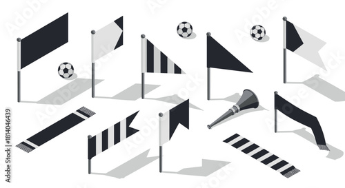 Monochrome soccer fan gear with isometric flags and sports accessories
