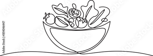 Continuous Line Drawing of a Fresh Salad Bowl. line icon-continuous line drawing. one line Icon drawing with white background