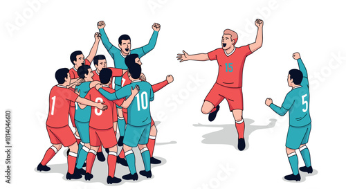 Soccer team celebrating victory with enthusiastic players in dynamic action pose